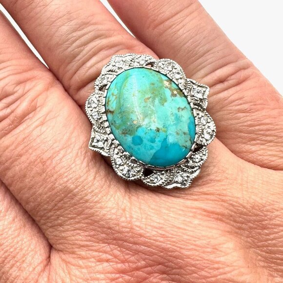 Designer JTV Womens Ring Sterling Silver Turquoise White Topaz Size 8 - Picture 2 of 6